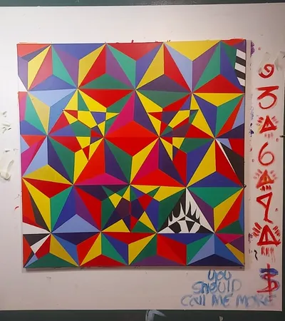 The canvas hanging on a white studio wall, showing its scale against the wall panel.