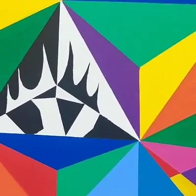 Close detail: the third eye in the bottom right corner, worked in black and white — the only part of the canvas without colour.